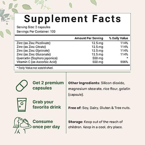 Quercetina com Vitamina C e Zinco, 240 Cápsulas | Quercetina 500mg, Vitamina C 500mg, Zinco 50mg (Picolinato, Citrato, Glicinato, Gluconato) | Imunidade Completa - Micro Ingredients