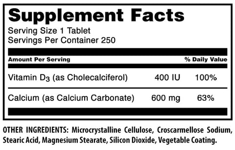 Amazing Nutrition - Amazing Formulas Cálcio 600 Mg com Vitamina D3 400 UI | 250 Comprimidos | Não-OGM | Sem Glúten | Fabricado nos EUA
