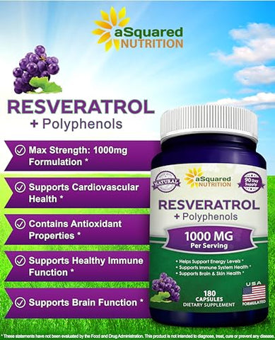 Resveratrol Natural com Extrato de Vinho Tinto – 180 Cápsulas – Suplemento Antioxidante Trans Resveratrol para Saúde do Coração Puro – Extra Forte - aSquared Nutrition