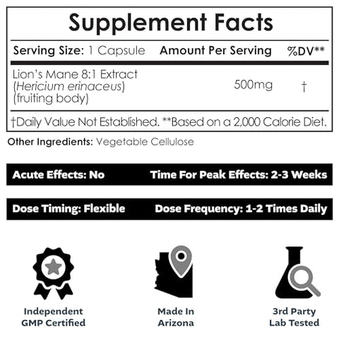 Cápsulas de Cogumelo do Leão Nootropics Depot | Extrato Dual 8:1 do Corpo Frutífero Integral | 500mg | 180 Unidades | Hericium erinaceus