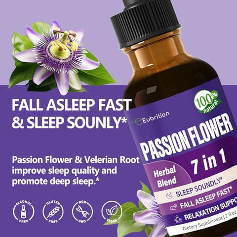 Eubrition - Gotas Líquidas de Passiflora para Apoio ao Sono, Fórmula Herbal Natural com Raiz de Valeriana e Extrato de Camomila para Dormir Profundamente