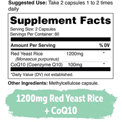 Yuve - Red Yeast Rice 1200 mg Capsules com CoQ10 – Mantenha níveis saudáveis de colesterol, Suplemento vegano de arroz vermelho para saúde do coração – Arroz Vermelho com CoQ10 para mulheres