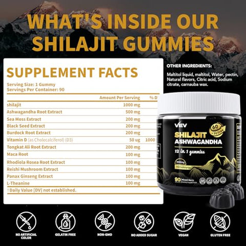 Gummies de Shilajit com Ashwagandha, Sea Moss e Óleo de Semente Preta – Potencialize sua saúde com ingredientes naturais! - VEV