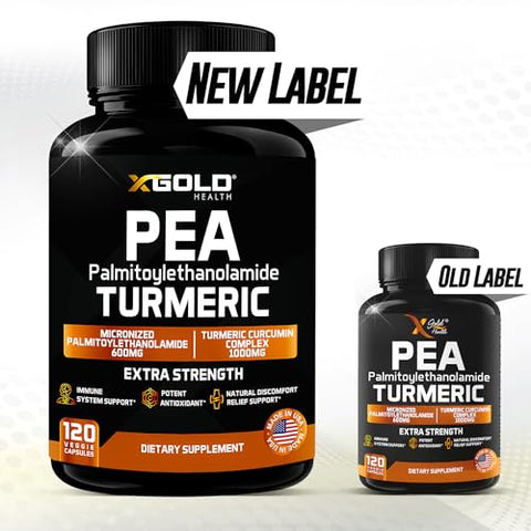 X Gold Health - Palmitoiletanolamida 600mg Complexo de Cúrcuma Curcumina 1000mg: PEA Micronizado 99% Altamente Purificado e Bioacessível – Fabricado nos EUA – Suplemento para Homens e Mulheres – 120 Cápsulas Vegetarianas