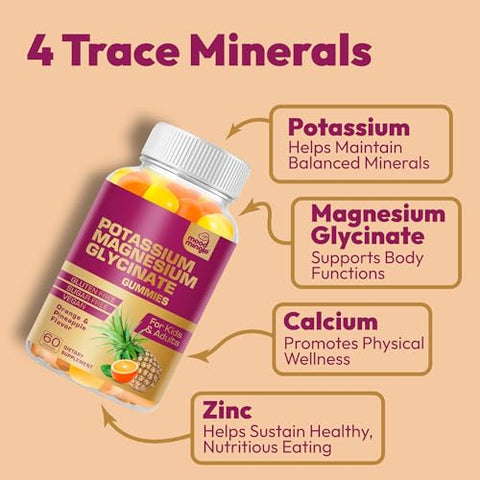 Mood Mingle - MoodMingle Gomas de Suplemento de Potássio Magnésio Glicinato – Alta Absorção – Mastigáveis de Potássio com Cálcio Vitaminas B6 B12 C D3 K2 Zinco – Vegano Sem Açúcar Sem Glúten para Crianças – 100g