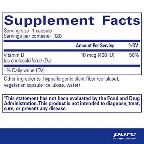 Vitamina D3 Pure Encapsulations 10 mcg (400 UI) | Suporte Hipoalergênico para Saúde Óssea, Mamária, Cardiovascular, Colônica e Imunológica | 120 Cápsulas