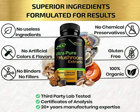 HCL HERBAL CODE LABS - Suplemento de Cogumelo Orgânico Extratos de Lion’s Mane Cordyceps Chaga Reishi Turkey Tail Maitake Shiitake Cápsulas – Vitaminas Naturais Minerais Antioxidantes – Fabricado no Brasil