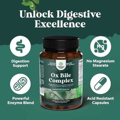 Natures Craft - Enzimas Digestivas com Suplemento de Bile de Boi – Suporte para Digestão do Pâncreas e Vesícula Biliar com Enzimas Digestivas de Pancreatina 4X e Bile de Boi