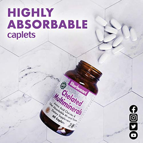 Nutrition – Multiminerais Quelados de Alta Potência, Minerais Quelados Albion, Sem Soja, Sem Glúten, Não-OGM, Certificado Kosher, Sem Laticínios, 120 Comprimidos, 40 Porções - Bluebonnet