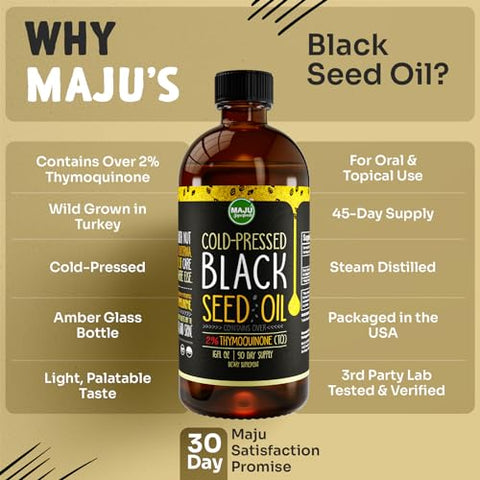 Maju Superfoods - Óleo de Semente de Cominho Preto MAJU 473ml: 3X Timoquinona, Extraído a Frio, 100%% Óleo de Semente de Nigella Sativa Turco (Melhor que Orgânico), Não-OGM, 100%% Óleo Puro de Semente de Cominho Preto Líquido, Vidro