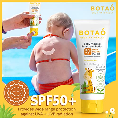 BOTAO - Protetor solar para bebês 100%% mineral Óxido de Zinco – Loção segura e natural de proteção solar para bebês: FPS50 Amplo Espectro UVA UVB, Para pele sensível do rosto e corpo do bebê, Creme protetor solar