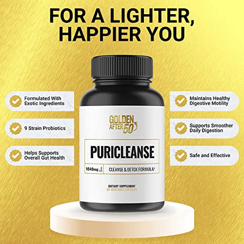 PuriCleanse – Suporte para Desintoxicação e Limpeza do Cólon – 60 Cápsulas, 1040mg – Limpeza Intestinal e Suplemento de Fibras com Extrato de Folha de Sene, Pó de Casca de Psyllium e - Golden After 50