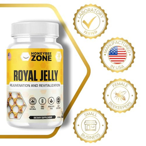 HONEYBEEZONE - Royal Jelly 500 mg – Cápsulas Veganas de Geléia Real de Abelha, Superfood Natural Anti-Envelhecimento e Estimulante Cerebral – 60 Cápsulas de Geléia Real de Abelha