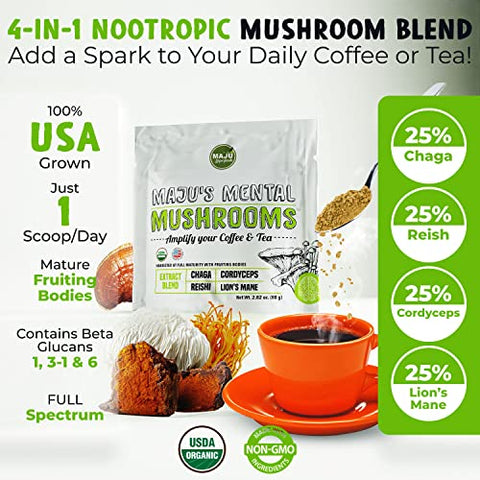 Maju Superfoods - MAJU’s Extrato de Pó de Cogumelo Mental, Forte Leão da Montanha, Chaga, Reishi, Cordyceps, Corpos Frutíferos para Café, Impulsionador do Sistema Imunológico, Suplemento Cerebral Nootrópico, Memória, 100g