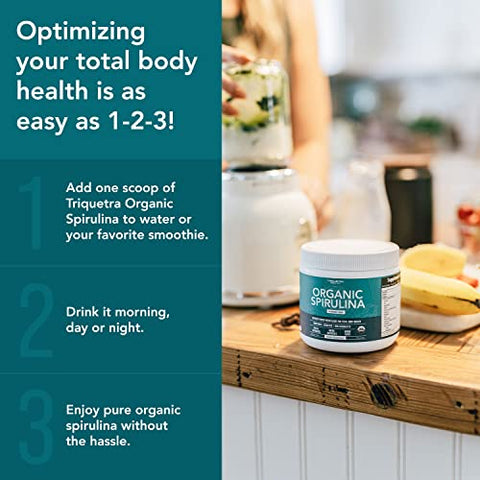 Triquetra Health - Pó de Spirulina Orgânica – Feito com Parry® Spirulina. A Melhor Spirulina do Mundo, Maior Densidade de Nutrientes – Não Irradiada, 4 Certificações Orgânicas, Agricultura Vegana