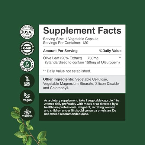 Natures Craft - Cápsulas de Extrato de Folha de Oliveira Potente – Suplemento Antioxidante de Alta Potência com Folha de Oliveira Pura com 20% de Oleuropeína – Suplemento Herbal para a Saúde do Coração – Vegano Não-OGM