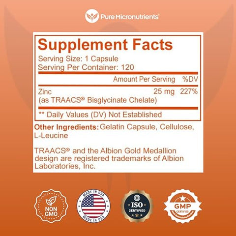 Pure Micronutrients - Suplemento de Zinco Puro, Suplementos Naturais de Glicinato de Zinco, (Quelado) 25mg, 120 –