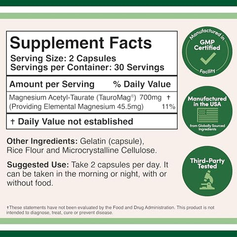 Double Wood Supplements - Magnésio Acetil-Taurato (ATA MG, TauroMag) Fórmula Inovadora e Patenteada de Magnésio para Alívio de TPM e Cãibras (60 Cápsulas, 350mg) Alívio de TPM com Suplemento de Magnésio da Double Wood