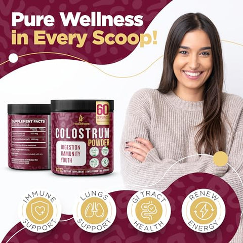 InstaSkincare - Pó de Colostro Bovino – Puro Colostro Bovino para Humanos – Suplemento de Colostro Alimentado com Grama para Suporte Intestinal, Saúde Imunológica e Crescimento Capilar – Fabricado nos EUA 90g