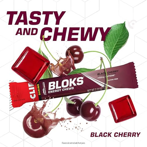 Clif Bloks - CLIF BLOKS – Sabor Cereja Preta com Cafeína – Gomas Energéticas – Não-OGM – Baseado em Plantas – Combustível Rápido para Ciclismo e Corrida – Carboidratos e Eletrólitos Rápidos – 60g (18 unidades)