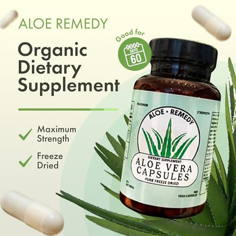 Aloe Remedy - Aloe Vera Capsules – Cápsulas de Aloe Vera à Base de Plantas com Gel e Folhas de Aloe Vera Liofilizadas, Cápsulas de Gel Puro de Aloe Vera para Suporte IC e BPS, Aloe Vera IC, 180 Cápsulas