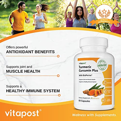 VitaPost - Turmeric Curcumin Plus: Suplemento de Curcuma com BioPerine para Suporte Articular, Saúde Muscular e Sistema Imunológico. 60 Cápsulas