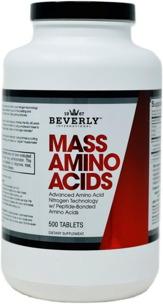 Mass Amino Acids – 500 Tabs: Pré e Pós-Treino, com Refeições, Essenciais para Recuperação e Reparo Muscular. Perfil Completo de Aminoácidos - Beverly International