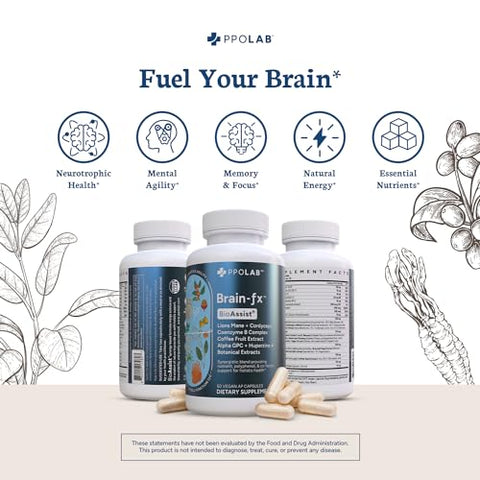 PPO Lab - BioAssist® Brain-fx: Energizante Nootrópico para Memória, Foco e Suporte Cerebral com Certificação Clean Certified® – Leão Mane, B12, Alpha GPC, Ginseng, L-Theanine, Complexo B, Fruta do Café, Cordyceps – 60 cápsulas