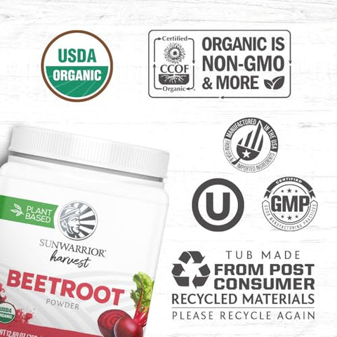 Beet Root Powder – Aumente a Resistência, Circulação Sanguínea e Fluxo de Óxido Nítrico – Superfood Vegano Keto Natural para Smoothies, Pudim de Açaí e Assados – 360g em pote quadrado (90g) - Sunwarrior