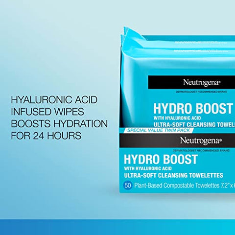 Hydro Boost Lenços de Limpeza Facial com Ácido Hialurônico, Removedor de Maquiagem Hidratante, Remove Impurezas - Neutrogena