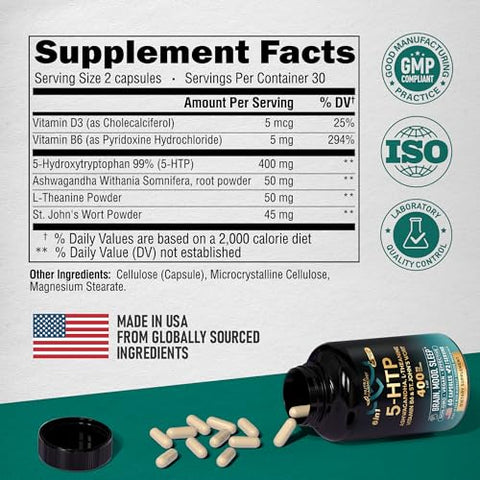 NUTRAHARMONY - 5HTP 400 mg Cápsulas – Suplemento 5-HTP Triptofano – Ashwagandha | L-Theanine | Erva de São João | Vitaminas B6 | Marca: [Nome da Marca]
