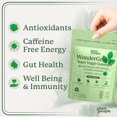 WonderGreens Gummies Super Greens com Probióticos – Multivitamínico para Bem-Estar, Energia, Imunidade e Saúde Intestinal – Sabor Maçã Verde (60 Unidades) - Plant People