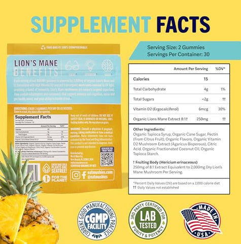 mushie - Mushie Gummies Orgânicos de Lion’s Mane – 60 Gummies, 2000mg de Cogumelos Lion’s Mane – Suporte para Cérebro, Cognição, Estresse, Memória e Imunidade com Vitamina D – Vegano, Sem Glúten