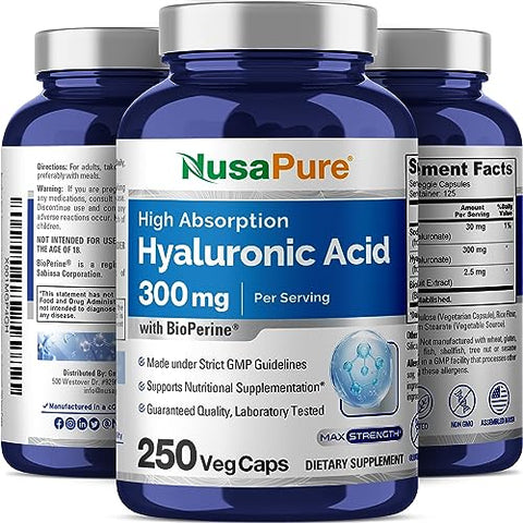 Ácido Hialurônico 300mg 250 Cápsulas Vegetais (Sem OGM, Sem Glúten) - NusaPure