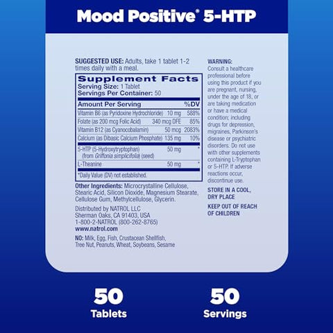 Mood Positive 5-HTP 50mg com L-Theanine, Vitamina B6, Vitamina B12 e Folate – Suplemento Alimentar para Apoiar um Humor Positivo – 50 Comprimidos, Fornecimento de 25-50 Dias - Natrol