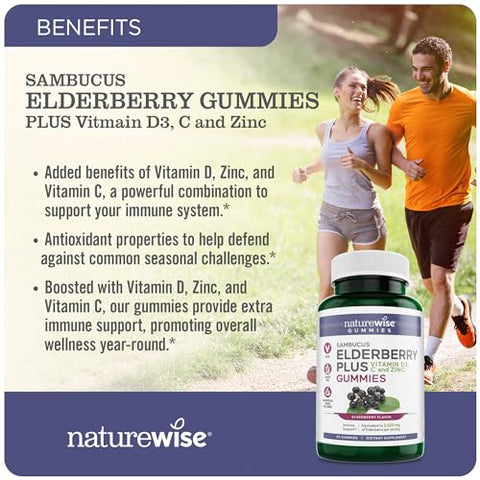 Gomas de Sabugueiro com Vitamina C D3 Zinco – Equivalente a 3.250mg de Sabugueiros Sambucus Premium – Suporte Imunológico para Crianças - NatureWise