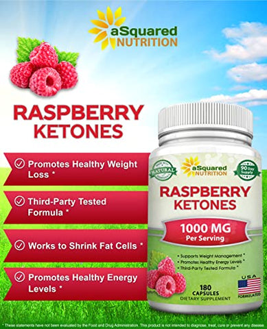 Cápsulas de Cetona de Framboesa Natural 1000mg-180 – Suplemento para Perda de Peso, Potência Máxima e Supressor de Apetite – Pó Premium para Saúde Magra – Marca aSquared Nutrition - aSquared Nutrition