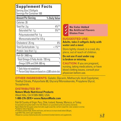 Óleo de Peixe 1200 mg, Suplemento de Óleo de Peixe, Ômega 3 para Suporte ao Coração Saudável, Suplemento de Ômega 3 com 200 Cápsulas, Fornecimento de 100 Dias - Nature Made