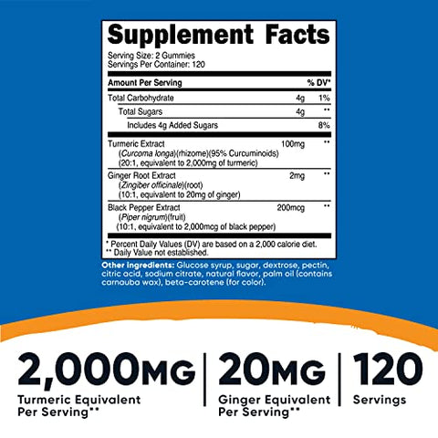 Gomas de Cúrcuma (240 Gomas) – Sabor Cítrico, Feitas com 95% de Curcuminoides, 120 Porções, com Extrato de Gengibre e Pimenta Preta, Vegetarianas, Não-OGM e Livres de Glúten - Nutricost