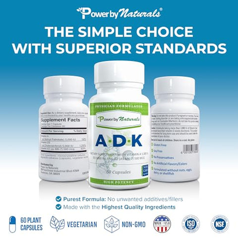 Suplemento Vitamínico ADK: Vitamina A, Vitamina D3 5000 UI e Vitamina K2 MK-7, Suporte à Saúde Óssea – Vitamina ADK Pura D3 K2 MK7 - Power By Naturals