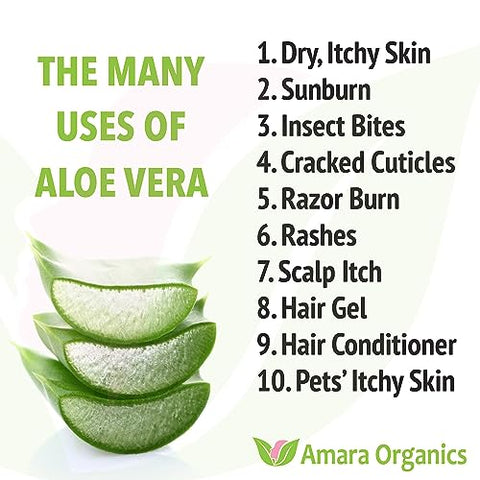 Amara Beauty - Gel de Aloe Vera Orgânico USDA – Rosto, Corpo, Cabelo – 100% Puro, Cuidados Pós-Sol