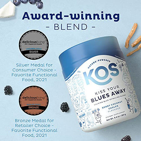 Calming Blue Spirulina Blend – Pó de Superfood de Algas Certificado pelo USDA – Com Raiz de Ashwagandha, Melissa, Cogumelo Reishi, Vitaminas B – Sabor Refrescante de Coco e Frutas Vermelhas - KOS