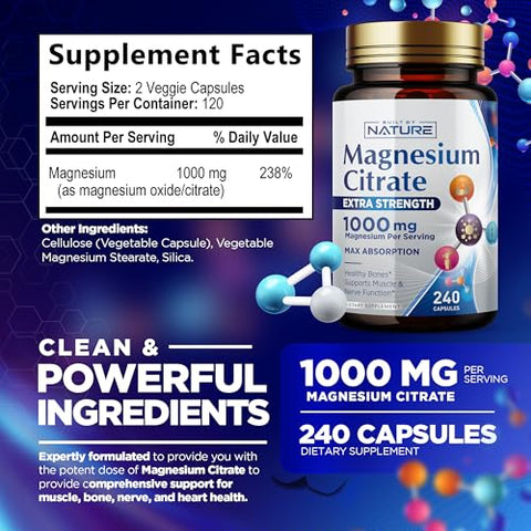 Built by Nature - Magnésio Citrato 1000mg – Máxima Absorção | Marca: Max Absorption