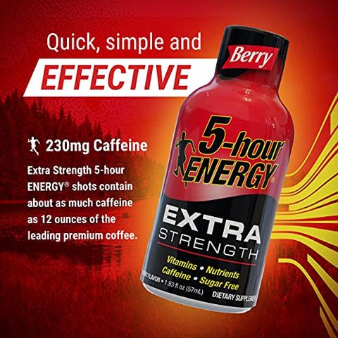Shots Extra Strength, Sabor de Frutas Vermelhas | 1,93 oz (54,7 g) | Sem Açúcar, Zero Calorias | Aminoácidos e Vitaminas B Essenciais | Suplemento Alimentar | Sinta-se Alerta e Energizado - 5-hour ENERGY