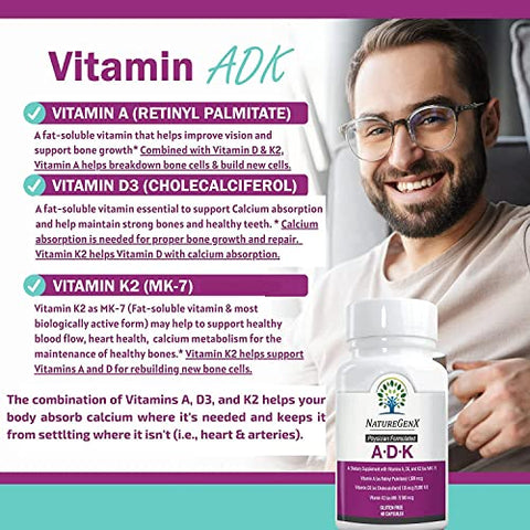 NatureGenX - ADK Vitaminas 5000 UI – Alta Potência para Saúde Óssea e Absorção de Cálcio | Sem Glúten, 60 Dias de Suprimento, 60 Cápsulas