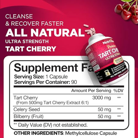 Tart Cherry Capsules 3000mg – 90 Vegan Pills – Alívio da Dor, Recuperação Muscular, Flavonoides – Limpeza do Ácido Úrico, Suplemento de Extrato de Suco - Nutrivein