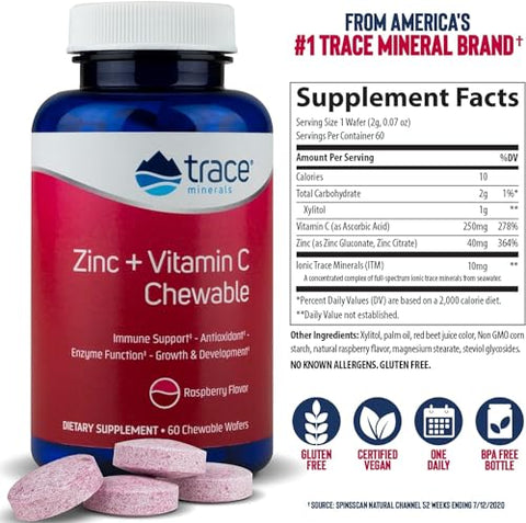 Vitamina C e Zinco Mastigável | Suporte Imunológico, Antioxidante, Função Enzimática, Crescimento - Trace Minerals