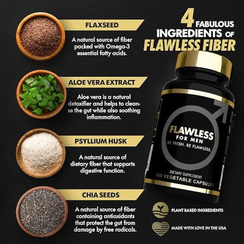 Flawless For Men - Suplemento Mega Dose 3000mg USA’s com Psyllium Husk, Aloe Vera e Semente de Chia – 120 Cápsulas Rica em Fibras