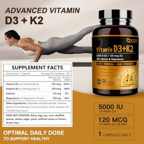 Vitamina D3 K2 com Cálcio – Fortaleça seus ossos – 60 cápsulas - NATURE TARGET