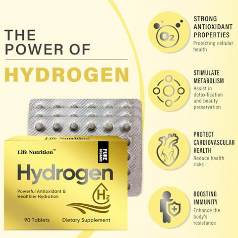 Life Nutrition - 90 Tabletes 12ppm, Tabletes de Água de Hidrogênio Molecular com Magnésio, Energia Extra, Sem Glúten, Bebida Antioxidante Keto, Ajuda a Combater a Inflamação